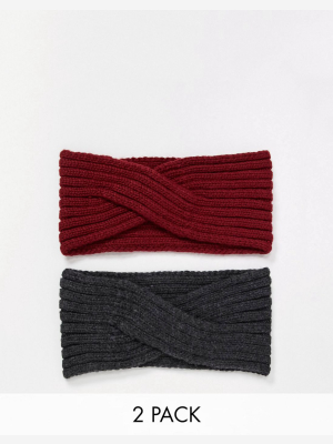 Asos Design 2 Pack Knit Rib Headband In Recycled Polyester