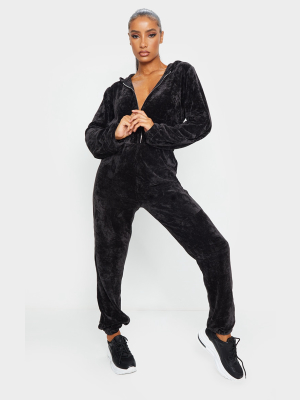 Black Ribbed Velour Hooded Jumpsuit