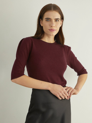 Ribbed Elbow Puff Sleeve Crew In Wine