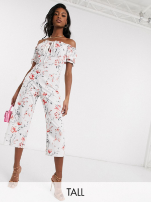 Missguided Tall Bardot Jumpsuit In Floral Print