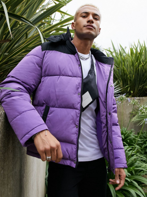Asos Unrvlld Supply Puffer Jacket With Color Block Panel In Purple