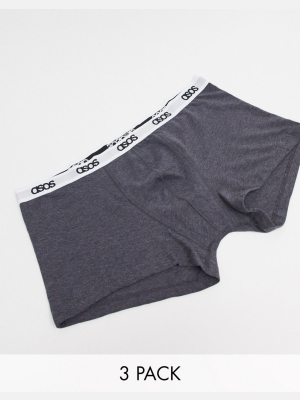 Asos Design Plus 3 Pack Trunks In Dark Gray Marl Organic Cotton With Branded Waistband Save