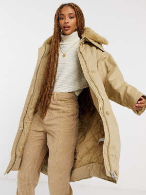 Asos Design Teddy Collared Oversized Parka In Camel