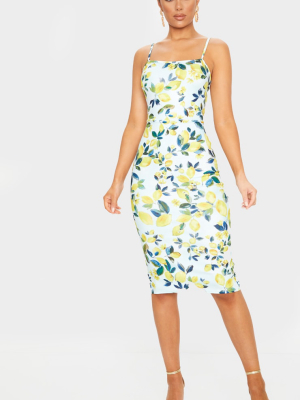 Dusty Blue Lemon Print Strappy Midi Dress