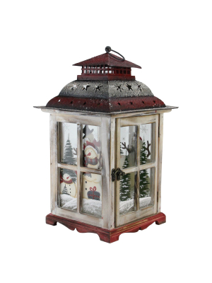 Northlight 17.5" Rustic Red Wooden Snowman Holiday Scene Christmas Pillar Candle Lantern