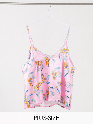 Outrageous Fortune Plus Sleepwear Satin Strappy Top In Pink Floral