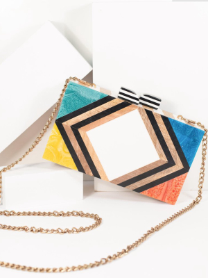 1960s Style Rainbow Chevron Wood & Resin Hard Clutch