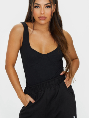 Black Sleeveless Rib Cup Detail Bodysuit