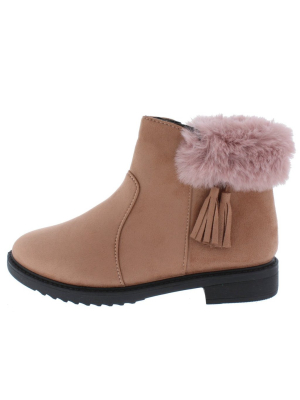 Penelope250 Pink Fringe Faux Fur Lug Sole Ankle Boot