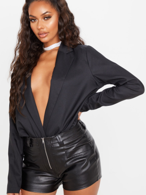 Black Faux Leather Zip Front Short