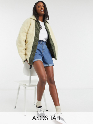 Asos Design Tall Borg Jacket With Cord Panelling In Cream