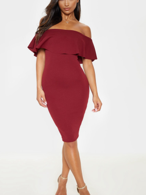 Celinea Burgundy Bardot Frill Midi Dress