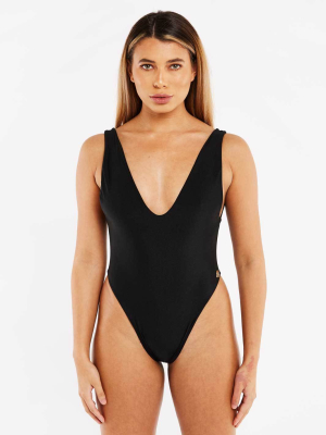 V Neck Swimsuit One Piece - Black