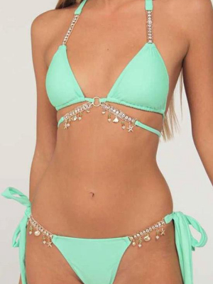 Tassel Rhinestone Embellished Brazilian Bikini Swimsuit - Two Piece Set
