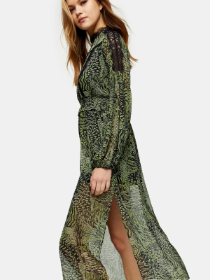 Green Animal Print Lace Midi Dress