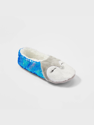 Women's Penguin Flip Sequin Pull-on Slipper Socks - Blue/gray