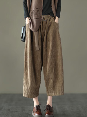 Plus Size - Loose Pocket Corduroy Handmade Pants With Belt