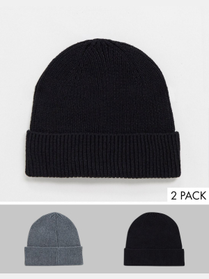 Asos Design 2 Pack Fisherman Beanie In Grey And Black Save