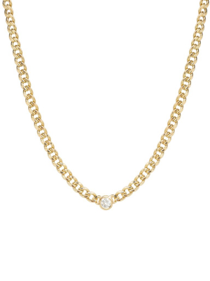 14k Gold Medium Curb Chain Necklace With Single Floating Diamond