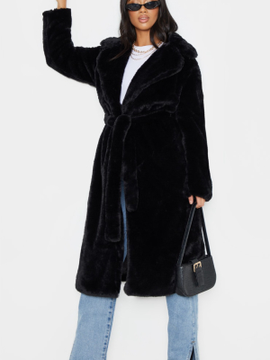 Petite Black Belted Faux Fur Coat