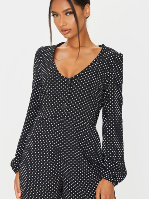 Black Polka Dot Long Sleeve Button Romper