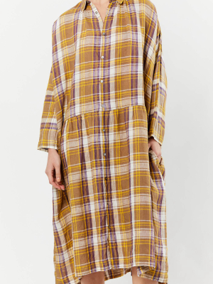 Beige Linen Tartan Check Dress