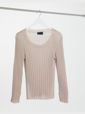 Asos Design Lounge Fine Knit Rib Sweater With Splits In Cream