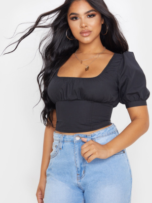 Petite Black Puff Sleeve Cropped Blouse