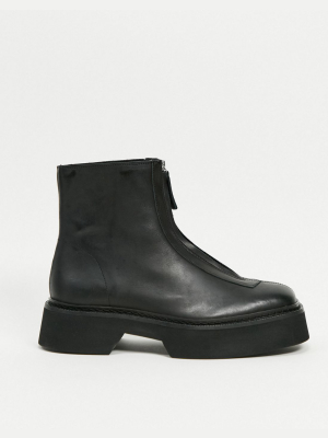 Asos Design Chelsea Boot In Black Leather With Front Zip Detail On Chunky Sole