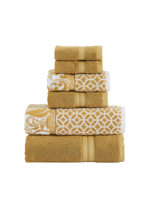 Modern Threads Reversible Yarn Dyed Jacquard 6 Piece Towel Set, Trefoil Filigree, Gold.