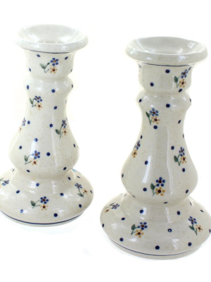 Blue Rose Polish Pottery Country Meadow Candlestick Pair