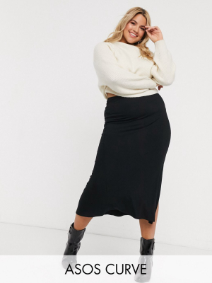 Asos Design Curve Bias Cut Jersey Midi Slip Skirt With Split