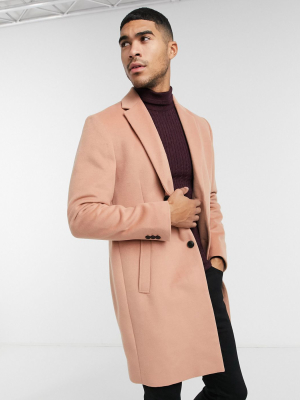 Topman Faux Wool Overcoat In Pink