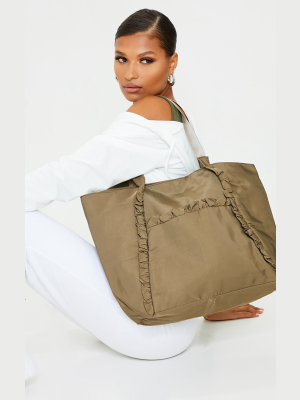 Khaki Ruffle Trim Tote Bag