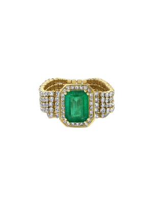 5 Thread Diamond & Emerald Stacks Ring - Yellow Gold