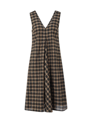 Ganni Seersucker V-neck Check Midi Dress