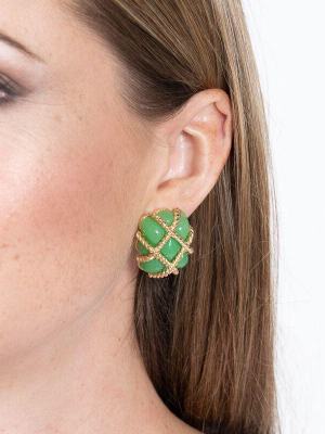 Gold Trim Jade Quilted Clip Earrings