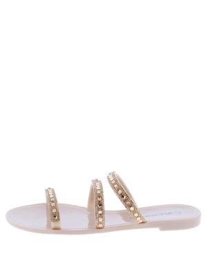 Joanie235 Nude Sparkle Multi Strap Open Toe Slide On Flat