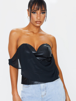 Black Pu Chiffon Draped Shoulder Corset