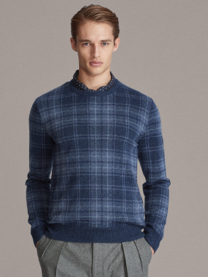 Plaid Cashmere Crewneck Sweater