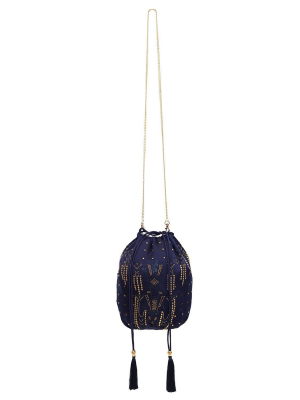 Round Drawstring Pouch With Beading Luxe Navy