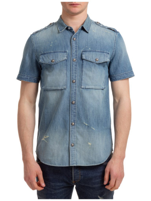 Balmain Distressed Denim Short-sleeve Shirt