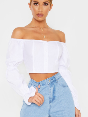 White Button Front Bardot Puff Long Sleeve Crop...