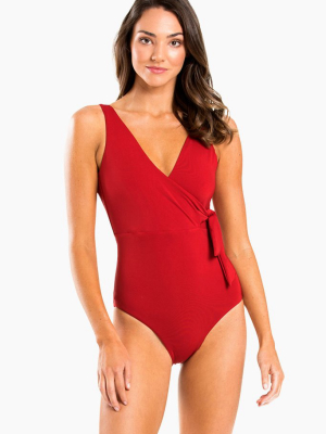 Wrap Style One Piece Swimsuit - Chili Red