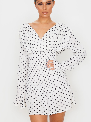 Polka Dot Long Sleeve Shirred Waist Skater Dress