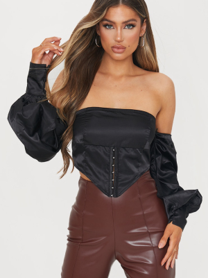 Black Shell Bardot Draped Long Sleeve Pointed...