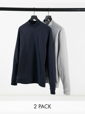 Asos Design Organic Turtleneck Sweatshirt 2-pack In Gray Heather And Navy