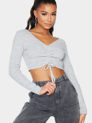 Grey Ruched Tie Front Crop Sweater