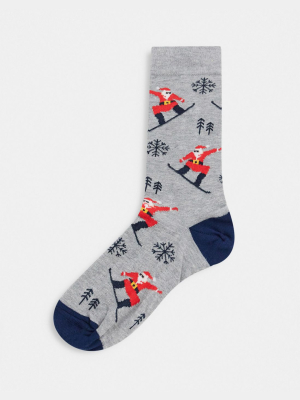 Asos Design Ankle Sock With Snowboarding Santa