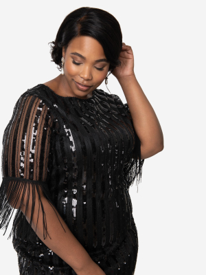 Unique Vintage Plus Size Black Sequin Fringe Sleeve Marcy Flapper Dress